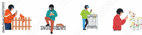 Illustration of various delivery riders in helmets taking photos of cats on fences and walls using their smartphones, flat vector design.