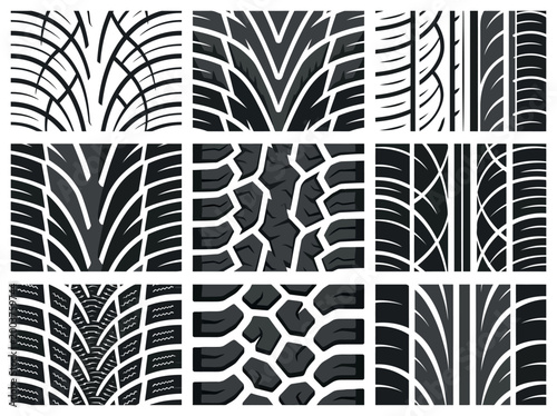 Dynamic collection of diverse vehicle tire tread patterns, showcasing various designs for optimal traction and reliable performance.