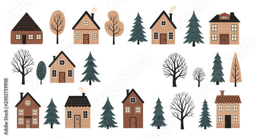 Collection of small wooden houses, deciduous trees, and evergreen pines in a simple flat illustration style with earthy colors.