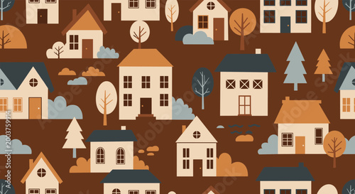 Seamless village pattern with various houses, stylized trees, and colorful bushes on a rich brown background for autumn or winter.