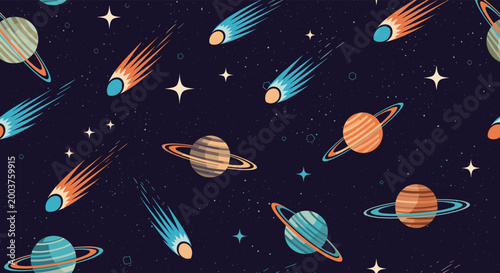 Seamless space pattern featuring various planets with rings, flying comets, and twinkling stars on a dark navy background.