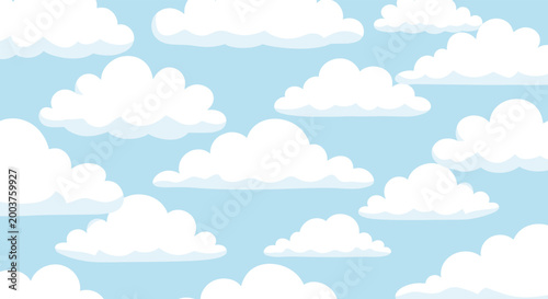 Seamless sky pattern with various white fluffy clouds drifting across a serene light blue background for a peaceful atmosphere.