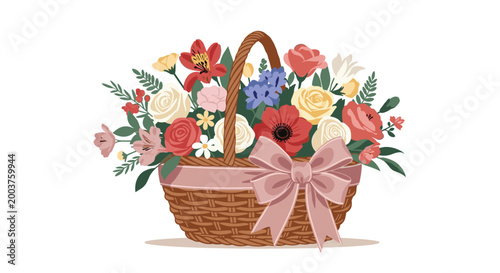Beautiful wicker basket overflowing with a variety of colorful flowers like roses and lilies decorated with a large pink ribbon bow.