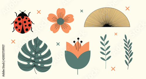 Collection of nature-inspired design elements including a red ladybug, orange flowers, green leaves, and an abstract fan-like shape.