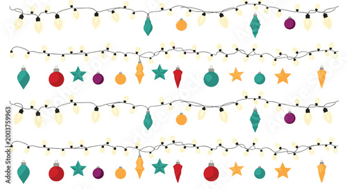 Festive arrangement of several rows of glowing string lights and various colorful Christmas ornaments on a plain white background.