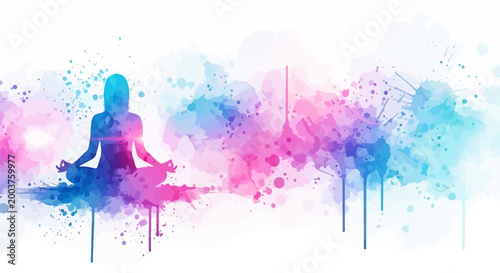 Woman meditates peacefully in lotus position with vibrant pink and blue watercolor splashes