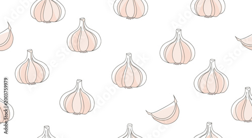 Delicate seamless pattern presenting an array of whole garlic bulbs and individual cloves in a soft colored line art style on white.