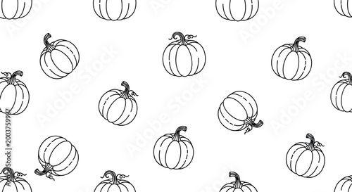 Minimalist seamless pattern featuring various black and white line art drawings of pumpkins in different orientations on a white background.