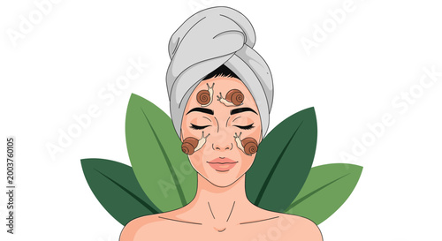 Beautiful young woman with a towel on her head having a facial treatment with snails on her cheeks and forehead area.