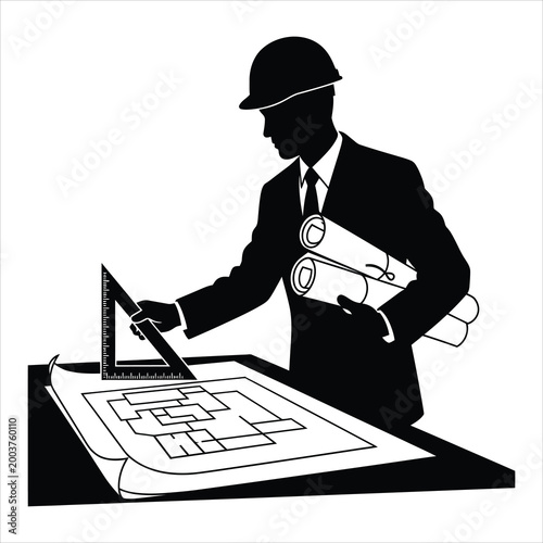 Black silhouette of man in suit and hardhat holding blueprints and using triangle ruler on large architect