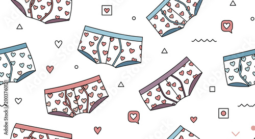 Playful seamless pattern of men underwear briefs with heart prints and abstract geometric shapes for Valentine holiday.