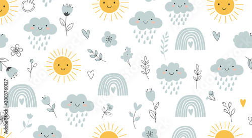 Cute nursery seamless pattern with smiling suns, rainy clouds, rainbows, and delicate flowers on a white background.
