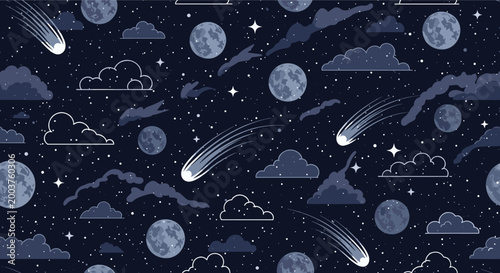 Enchanting night sky seamless pattern featuring moons, clouds, stars, and fast-moving comets on a deep navy blue background.
