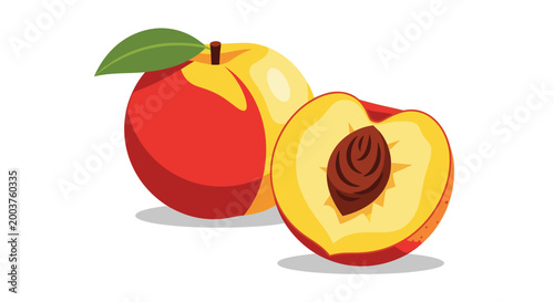 Delicious whole nectarine and a half fruit showing the stone pit and yellow flesh on a clean white background with soft shadows.