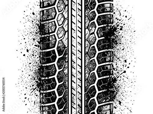 Dynamic multi-channel tire tread graphic with layered grooves and grunge mud splatters, representing speed and challenging terrain.