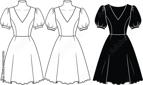 Technical Flat Sketch of a Sleeveless Midi Dress Featuring a Round Neckline and Front Button Down Closure for Fashion Design