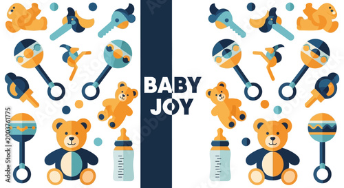 Baby joy themed nursery decor with teddy bears toys and bottles on white background