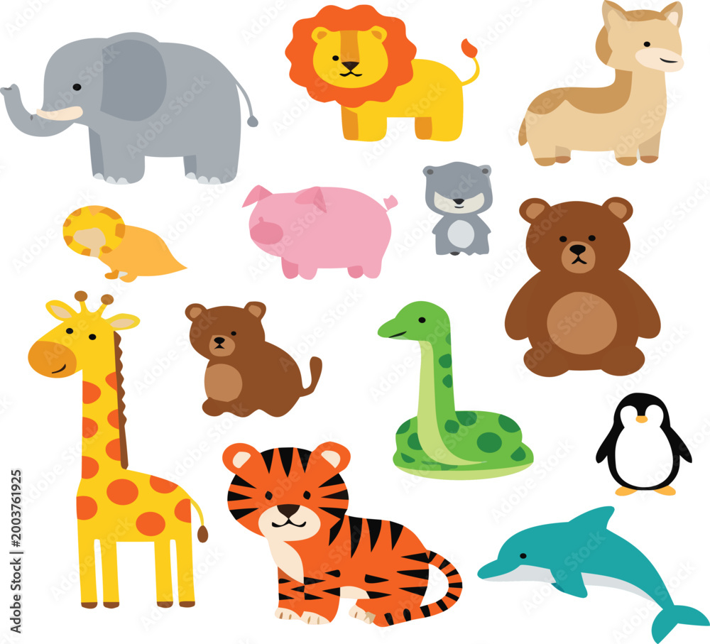 Naklejka premium Cute animals collection with elephant lion giraffe tiger and more, cartoon vector illustration set of adorable wildlife characters for kids design