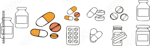 Medicine pills capsules and bottles collection, healthcare vector illustration set with pharmaceutical drugs tablets and packaging isolated on light background