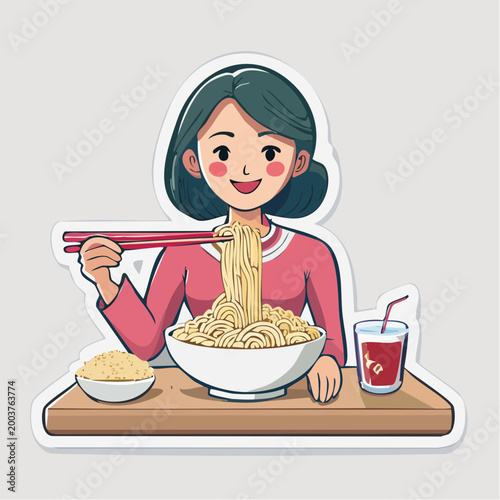 Woman Eating Noodles with Chopsticks