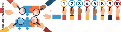 Teamwork and collaboration concept with puzzle pieces and voting hands, modern vector illustration set representing business cooperation ranking and group decision making