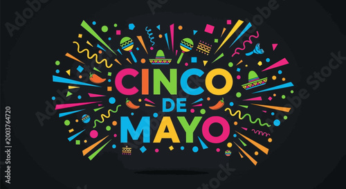 Vibrant cinco de mayo celebration background with colorful confetti and typography on black