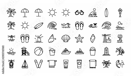 Tableau sur toile Beach outline icon set with summer vacation palm tree wave and tropical seaside