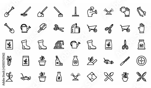 Garden tools outline icon set with shovel rake watering can and gardening equipment symbols vector collection