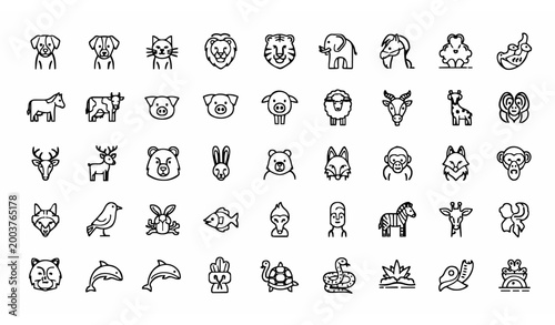 Animal outline icon set with wildlife pets farm animals and nature symbols vector collection