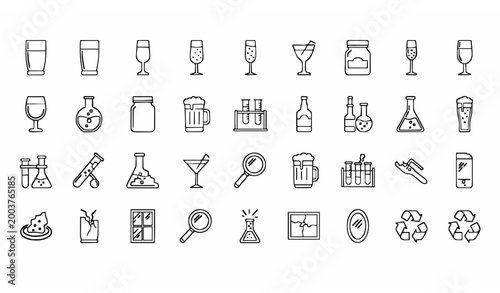 Glass outline icon set with drinkware bottles laboratory glass and fragile symbols vector collection
