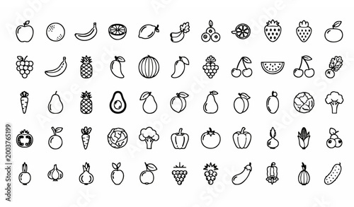 Fruits vegetables and berries outline icon set with editable stroke healthy food linear collection