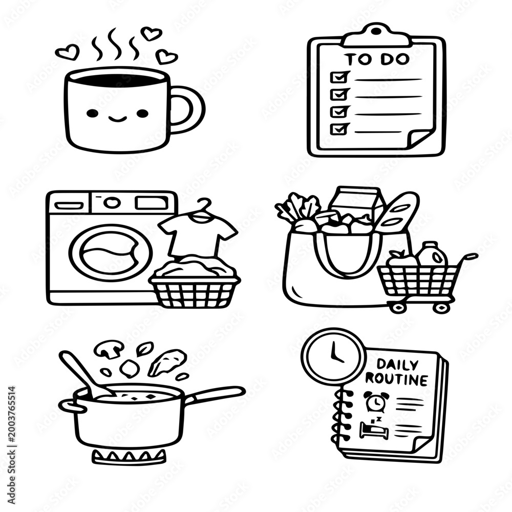 Obraz premium Cute Mom Daily Planner Doodle Black and White Sticker Icon Set