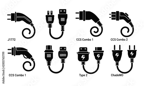 Foto Set of Black and White Electric Vehicle Charging Plugs and Connectors Vector Ico