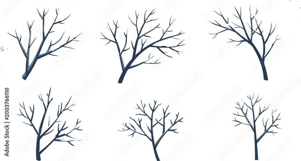 Fototapeta premium Collection of frosty trees and snowflakes on white background illustration
