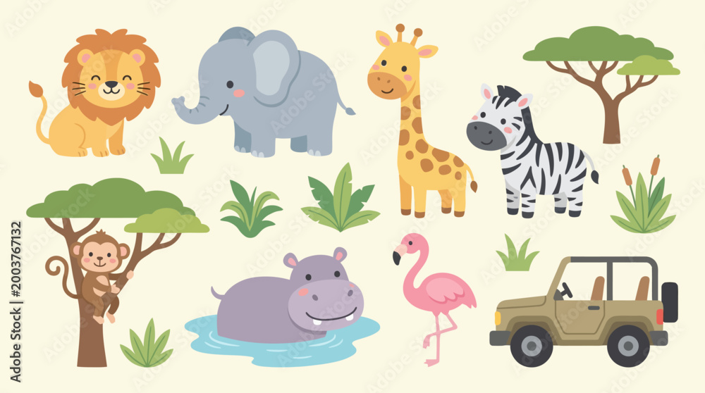 Obraz premium Cute cartoon wildlife vector set for preschool education and fun