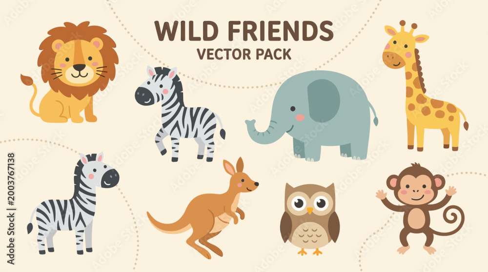 Obraz premium Cute Wild Animal Vector Pack Featuring Lion, Zebra, Elephant, Giraffe, Kangaroo, Owl, and Monkey for Educational Illustrations