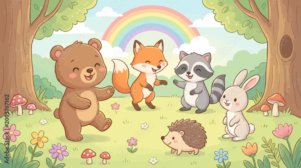 Naklejka premium Whimsical Woodland Creatures Dancing Under a Vibrant Rainbow in a Lush Meadow