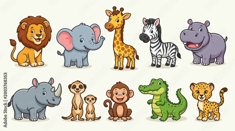 Fototapeta premium Adorable Cartoon Safari Animals Vector Illustration Pack - A Collection of Cute Zoo and Wildlife Characters