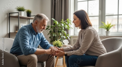 An elderly man and a younger woman are seated in a living room, engaged in a serious conversation. The older man is leaning forward, his hand gently holding the woman's.