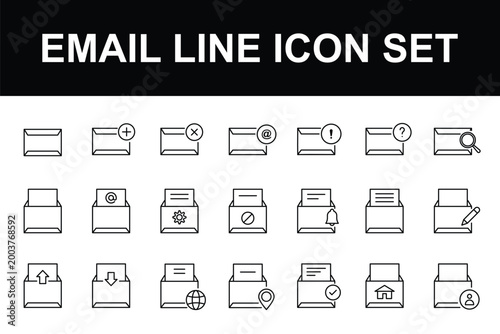 Email and envelope line icon set. Comprehensive line icon set featuring email envelopes, digital inbox notifications, paper plane delivery, secure mailing, and phishing alert symbols.