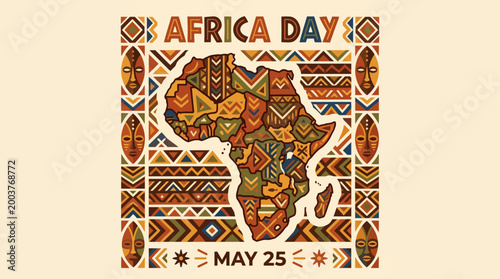 Africa Day Art Poster - May 25 Celebration with Traditional Patterns and Ethnic Masks