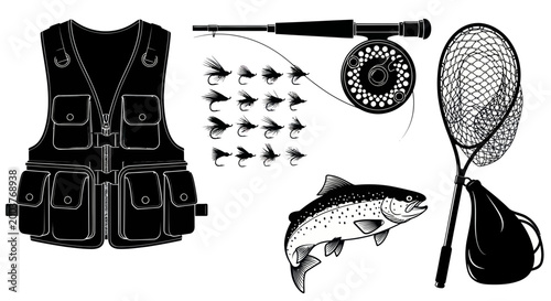 Fly Fishing Gear and Salmon Illustration