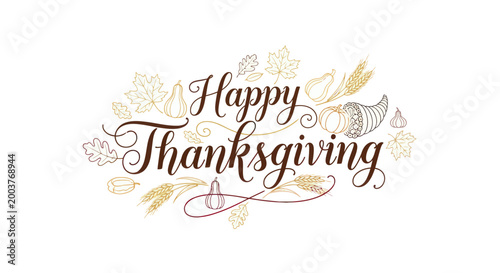 Happy Thanksgiving Calligraphy with Autumn Elements and Cornucopia