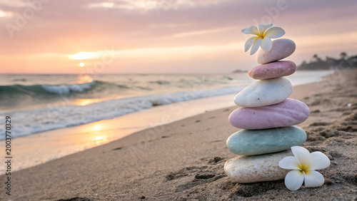 stacked pastel stones with white flowers on sandy beach at golden hour sunset