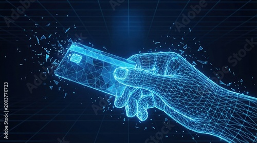 Digital fintech innovation shows biometric compliance in banking regulation with futuristic hand holding credit card in blue wireframe style