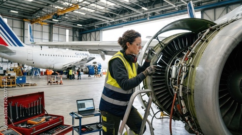 A female aircraft technician meticulously inspects a Global Air plane engine in a large hangar. She wears a yellow safety vest and is using a ladder to reach the engine.