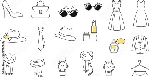 Collection of fashion accessories and clothing items for men and women displayed together