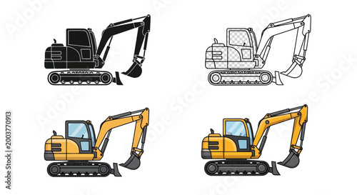 Excavator Construction Machine Set - Silhouette, Outline, Color Flat & 3D Styles