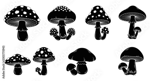 Mushroom Silhouettes: Collection of Black and White Fungi Icons
