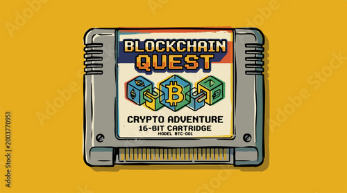 Retro Style Blockchain Quest 16 Bit Video Game Cartridge.
